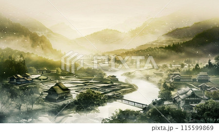 水墨画スタイルの静かな日本の村のイラスト素材 [115599869] - PIXTA