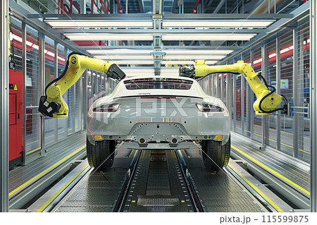 クルマ工場の組み立てライン_ロボットアームが組み立て_2 115599875