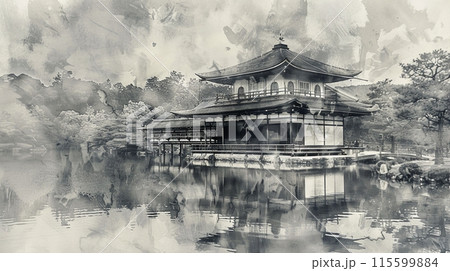 木々に囲まれた静かな日本の寺院の水墨画アートのイラスト素材