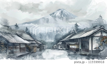 水墨画 日本の伝統的な家屋 水墨画 日本の伝統的な家屋