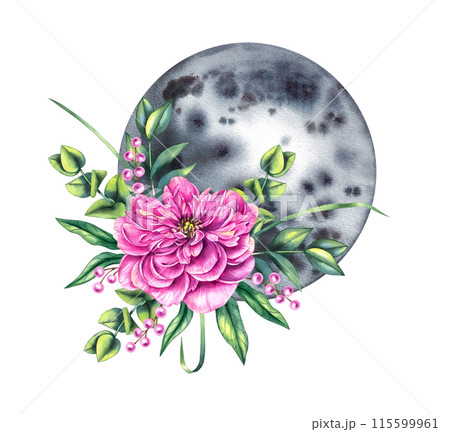 Blooming watercolor moon with bouquet with peony, berries 115599961