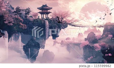 桜と滝のある崖の上の幻想的な日本の寺院の水墨画アート 115599982