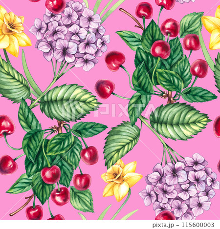 Blooming watercolor pattern with cherry, daffodil and hydrangea 115600003