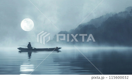 満月の下のボートに乗る漁師の水墨画アート 115600032