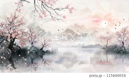 桜と寺院のある静かな日本の湖の水墨画アートのイラスト素材