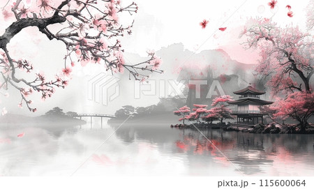 桜と寺院のある静かな日本の湖の水墨画アートのイラスト素材