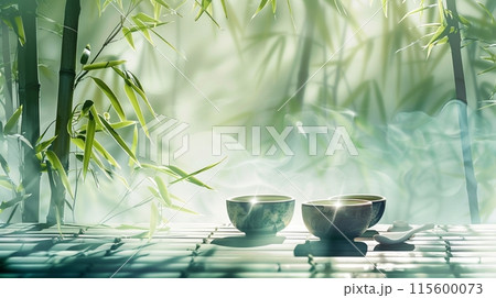 竹林と茶道具のある静かな風景 115600073