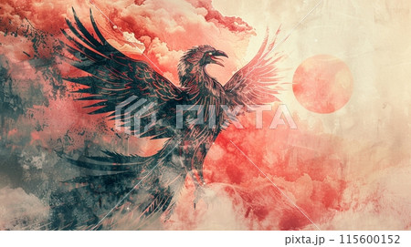 灰からよみがえる壮大なフェニックスの水墨画アートのイラスト素材