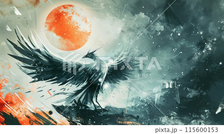 灰からよみがえる壮大なフェニックスの水墨画アートのイラスト素材