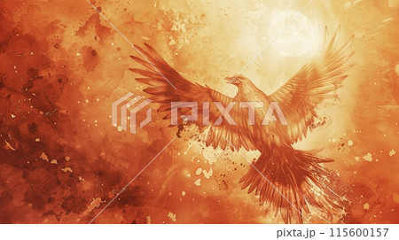 灰からよみがえる壮大なフェニックスの水墨画アートのイラスト素材