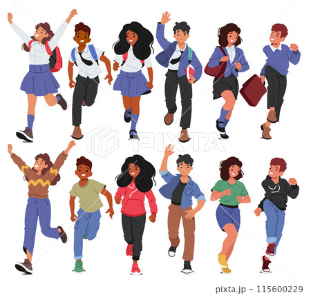 Diverse Group Of Joyful Kids Running In Different Outfits. Cartoon Vector Illustration Of Boys And Girls Characters 115600229