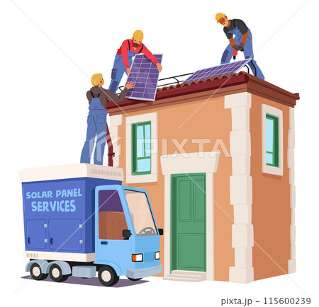 Workers Characters Installing Solar Panels On The Rooftop Of A House With A Service Truck Nearby, Vector Illustration 115600239
