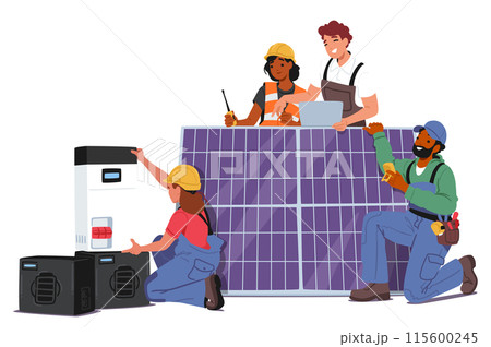 Team Of Engineers And Technicians Working Together To Install Solar Panels On Rooftop. Characters Demonstrating Teamwork Team Of Engineers And Technicians Working Together To Install Solar Panels On Rooftop. Characters Demonstrating Teamwork 115600245