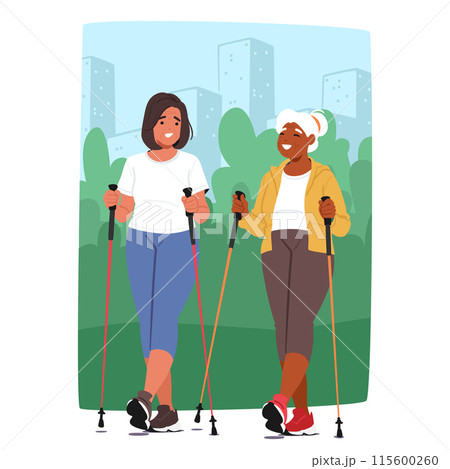 Older Female Characters Participating In Nordic Walking In A Park Setting. The Image Portrays Fitness, Friendship Older Female Characters Participating In Nordic Walking In A Park Setting. The Image Portrays Fitness, Friendship 115600260