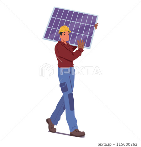 Worker Carrying Solar Panel For Installing. Male Character Wearing Hard Hat And Gloves. Clean Energy Environment Concept Worker Carrying Solar Panel For Installing. Male Character Wearing Hard Hat And Gloves. Clean Energy Environment Concept 115600262
