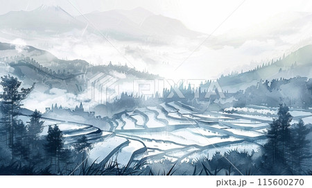 霧に包まれた静かな日本の棚田の水墨画アートのイラスト素材
