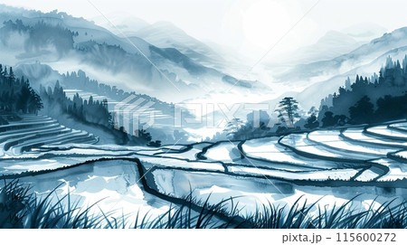 霧に包まれた静かな日本の棚田の水墨画アートのイラスト素材