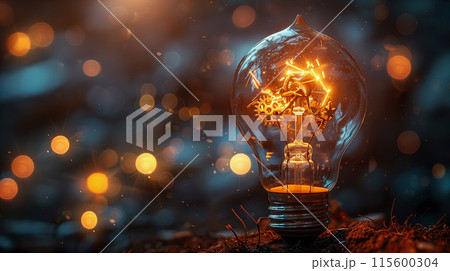 Close up of light bulb with gear mechanism inside 115600304
