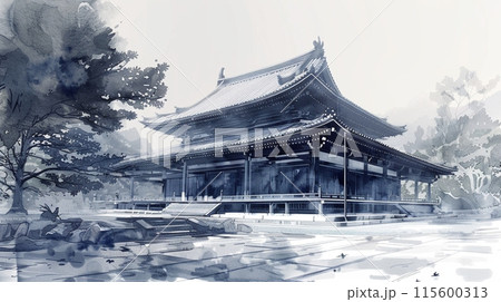 水墨画 日本の伝統的な家屋 水墨画 日本の伝統的な建物自作