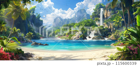 Paradise at wild tropical forest, scene with beautiful beach, green mountains and blue clean water in jungle. Theme of wilderness, sea, landscape, travel, waterfall, nature 115600339