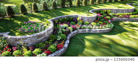 Landscape design of terraced home garden with stone retaining walls, aerial view of luxury house backyard. Beautiful flowers at upscale back yard. Concept of landscaping, nature 115600340