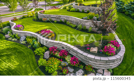 Landscaped home garden with terraces, rocks and stone retaining walls, beautiful design of luxury house backyard in summer. Concept of landscaping, back yard, flower, nature 115600345