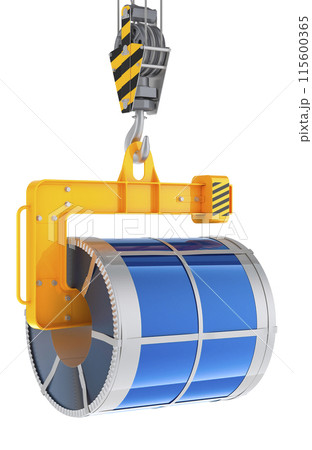 Crane Hook with coil of galvanized steel sheet with blue polymer coating, 3D rendering Crane Hook with coil of galvanized steel sheet with blue polymer coating, 3D rendering 115600365