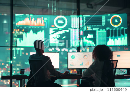 Two individuals work before large screens displaying graphs and charts. Data analysis room or operations center, journalists researchers analyzing information for article 115600449