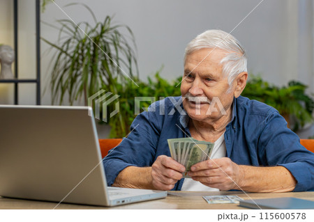 Happy senior man counting money cash and use laptop pc calculate domestic income earnings at home 115600578