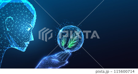 AI for Sustainable Development goals futuristic concept with humanoid head looking at eco sphere AI for Sustainable Development goals futuristic concept with humanoid head looking at eco sphere 115600714