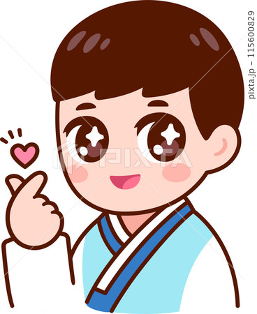 Cute Korean boy making finger heart gesture 115600829