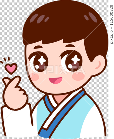 Cute Korean boy making finger heart gesture 115600829