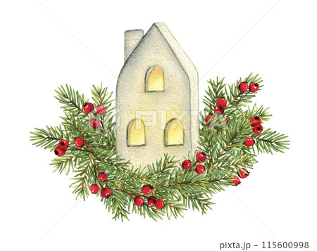 Small ceramic house with fir branches. Christmas greeting card design. Scandinavian style Christmas home decor. Isolated on a white background. Watercolor illustration 115600998