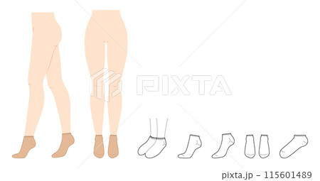 Ankle Socks set on women legs and CAD flat template mockup. Hosiery Fashion accessory clothing technical illustration 115601489