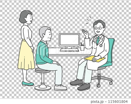 Illustration of an elderly man, his accompanying woman and a doctor undergoing a medical examination at a hospital Illustration of an elderly man, his accompanying woman and a doctor undergoing a medical examination at a hospital 115601804