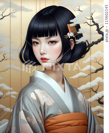 伝統的な和装と現代日本人女性の優雅さをモティーフとした新しさリアルイラストレーション 伝統的な和装と現代日本人女性の優雅さをモティーフとした新しさリアルイラストレーション 115602145