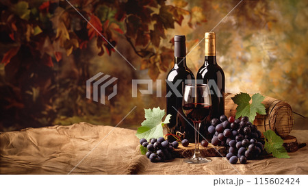 ボトル、赤ワインのグラス、葡萄を置いた素朴なテーブルの上のエレガントなワインシーン、秋の背景 115602424