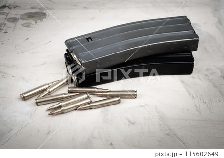 Ammunition with magazine on wooden 115602649