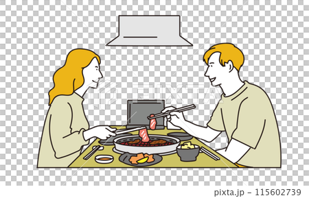 A simple illustration of a man and woman eating yakiniku at a yakiniku restaurant A simple illustration of a man and woman eating yakiniku at a yakiniku restaurant 115602739