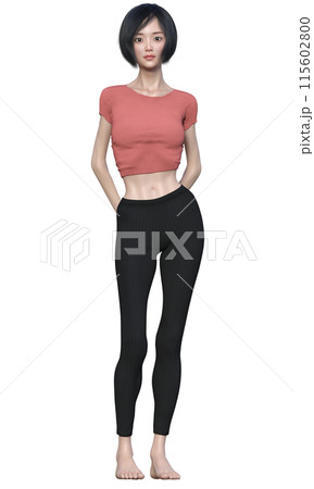 ダイエットビフォーアフター  痩せ過ぎの女性のイラスト 日本人3Dモデルの全身正面 115602800