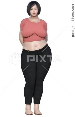ダイエットビフォーアフター  太り過ぎの女性のイラスト 日本人3Dモデルの全身正面 115602804