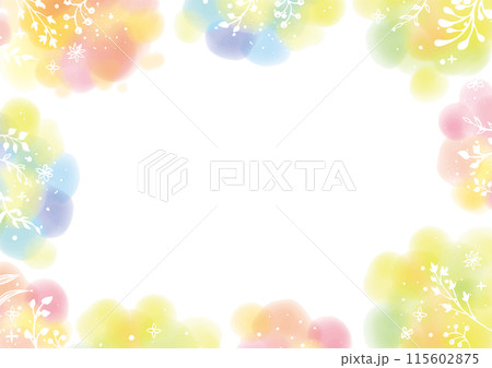 白い線の植物をあしらったふんわりしたカラフルな水彩のフレーム-横型 115602875