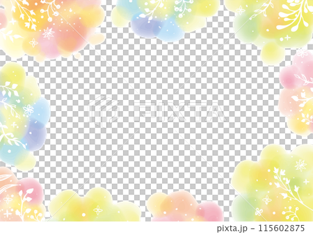 白い線の植物をあしらったふんわりしたカラフルな水彩のフレーム-横型 115602875