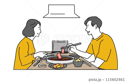 焼肉店で焼肉をする男女のシンプルイラスト 115602981