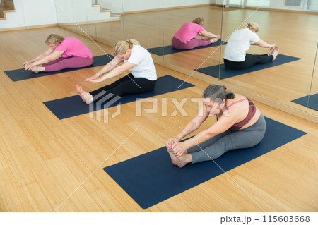 Women practicing yoga, sitting in Seated forward bend exercise, paschimottanasana pose 115603668