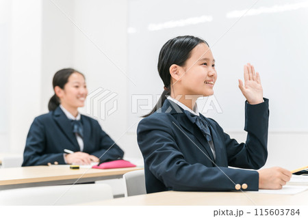 塾・学校の教室で先生に勉強を教わる小学生・中学生・高校生の子供(女の子) 塾・学校の教室で先生に勉強を教わる小学生・中学生・高校生の子供(女の子) 115603784