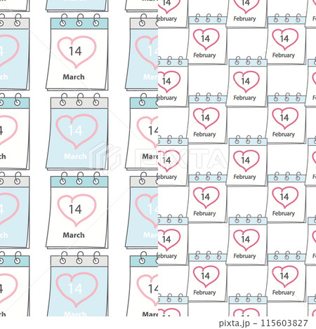 Set of 2 seamless patterns with calendar page and date 14 February and 14 March. Background. Texture Set of 2 seamless patterns with calendar page and date 14 February and 14 March. Background. Texture 115603827