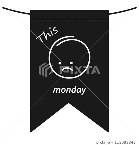 Black and white Outline sad emoticon and inscription This Monday on a flag. Motivation design idea 115603845