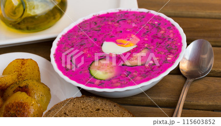 Cold soup Holodnik with baked potatoes 115603852