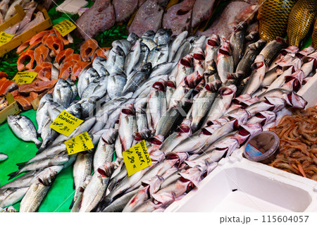 Fish showcase with diversity of fresh marine products on market Fish showcase with diversity of fresh marine products on market 115604057